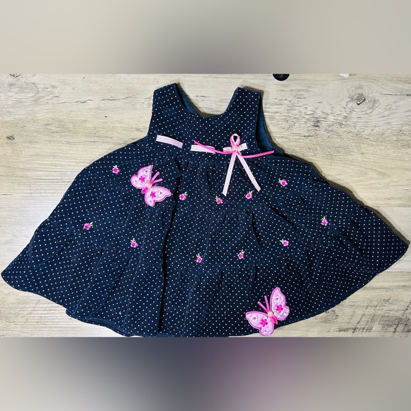 Rare Editions Other - Rare Editions Navy Corduroy Dress with Pink Dots and Butterfly Accents- Size 12M